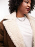 Topshop Curve faux shearling car coat in chocolate