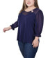 Plus Size 3/4 Sleeve Ringed Top with Mesh