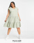 Фото #1 товара Only Curve cotton tiered skater mini dress in green - LGREEN