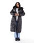 River Island Plus maxi belted puffer with faux fur hood in black