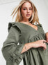 Фото #2 товара ASOS DESIGN cord mini smock dress with ruffle shoulder in khaki