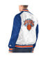 ფოტო #2 პროდუქტის Men's White, Blue New York Knicks Renegade Satin Full-Snap Varsity Jacket