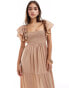 Pretty Lavish ruffle sleeve shirred maxi dress in biscuit