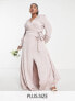 TFNC Plus Bridesmaid long sleeve satin maxi dress in mink pink