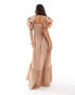 Pretty Lavish ruffle sleeve shirred maxi dress in biscuit