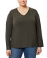 ფოტო #1 პროდუქტის Plus Size Solid V-Neck High-Cuff Sweater