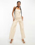 Kaiia leather look bandeau wide leg jumpsuit in stone