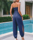 Women's Blue Smocked Bodice Tube Top Tapered Leg Jumpsuit