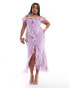 Фото #1 товара ASOS DESIGN Curve bardot ruffle front bias maxi dress in floral jacquard in lilac