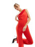 Vesper satin trim one shoulder wide leg jumpsuit in red