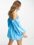 ASOS DESIGN Cotton ruched bandeau mini dress with off shoulder puff sleeve in turquoise