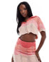 Aria Cove knitted cropped scallop edge top with diamante button detail co-ord in pink stripe