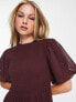 Wednesday's Girl puff sleeve tiered midi dress in plum brown