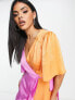 Flounce London satin flutter sleeve ruffle mini dress in contrast pink and orange