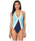 Фото #1 товара Vince Camuto 237297 Womens Color Block Halter One Piece Swimsuit Deep Sea Size 4