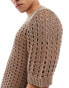 ASOS DESIGN relaxed knitted pointelle t-shirt in brown