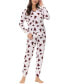 Фото #6 товара Women's Printed Microfleece V-neck Long Sleeve Top with Jogger 2 Pc Pajama Set