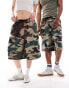 COLLUSION Unisex washed camo longline shorts