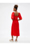Фото #4 товара Платье женское Koton Midi Elbise Вискозное смешанное с льном с разрезом и объемным рукавом