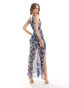 ASOS DESIGN v neck maxi dress with ruffle split hem in dark blue floral print