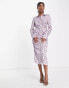 Фото #6 товара ASOS DESIGN gathered waist midi satin shirt dress in lilac floral