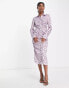 ASOS DESIGN gathered waist midi satin shirt dress in lilac floral lilac floral, US 0 - фото #6