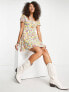 Фото #4 товара ASOS DESIGN button detail triangle cut out mini tea dress in white base multi floral print