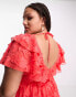 Фото #4 товара ASOS DESIGN Curve v front ruffle mini dress with flutter sleeve and tie belt in red