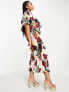 ASOS DESIGN plisse puff sleeve midi dress with wrap waist in abstract colourblock print