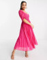 Фото #4 товара ASOS DESIGN Petite ruched front pleated midi dress with shirred waist in chevron dobby in hot pink