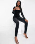 Threadbare Gina velour square neck jumpsuit in black