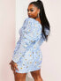 ASOS LUXE Curve puff sleeve flower embellished midi dress in white and blue