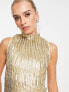 Фото #5 товара ASOS DESIGN high neck embellished midi dress in plisse sequin in gold