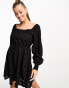 Фото #1 товара Threadbare broderie long sleeve mini dress in black