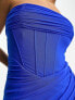 Rare London bandeau mesh corset midi dress in bright blue