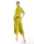 Фото #3 товара ASOS DESIGN satin flutter sleeve asymmetric hem midi dress in chartreuse