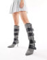 Public Desire Samurai kitten heel knee boots with buckles in black washed denim