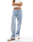 Фото #1 товара Pull&Bear mid rise straight leg jean with raw waistband in medium blue