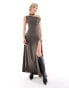 Weekday Lo maxi dress with drape off shoulder and low waist in grey grau, L - EU 44-46 - фото #1