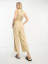 Vero Moda Tall linen touch tie back jumpsuit with pleat front wide leg in beige