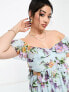 ASOS DESIGN Curve ruffle cut out off the shoulder maxi dress with hi low hem in blue floral print