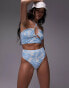 Фото #4 товара Topshop silhouette floral print rib high waist bikini bottoms in blue and ivory