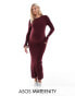 ASOS DESIGN Maternity knitted crew neck maxi dress with cuff splits in burgundy - BROWN