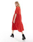 Monki tiered textured midi smock dress in red