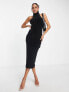 Aria Cove fluffy roll neck sleeveless midi dress with pearl trim cut out detail in black