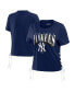 ფოტო #1 პროდუქტის Women's Navy New York Yankees Side Lace-Up Cropped T-shirt