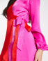 Flounce London satin balloon sleeve ruffle midi dress in contrast pink and red