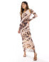 ASOS DESIGN long sleeve cut out neck detail midi dress in warped animal print