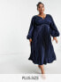 Lovedrobe Luxe Plus pleated satin midi dress with twist back detail in navy