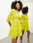 Фото #12 товара ASOS EDITION broderie twist front mini dress with puff sleeve in yellow